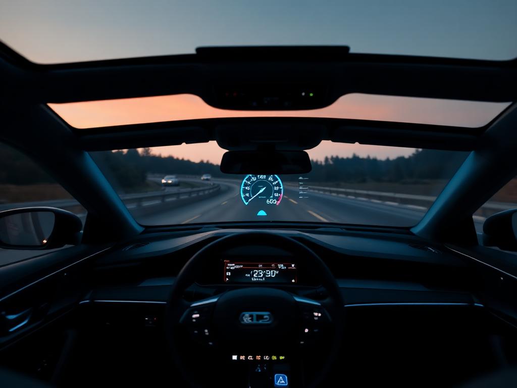 Heads-up display projecting information onto a car windshield at dusk